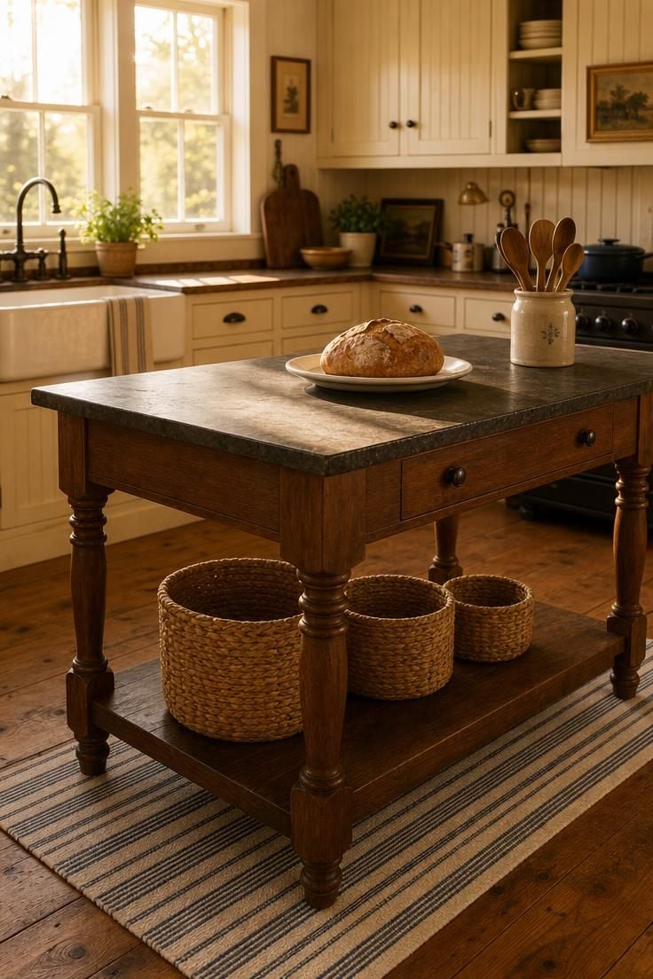 A furniture-style kitchen island on turned walnut legs with a soapstone surface, lit by warm golden late-afternoon light through the west wall windows.