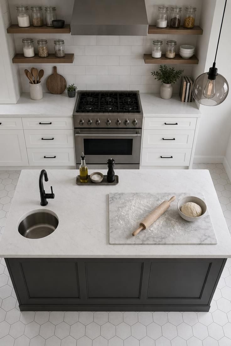 A long narrow kitchen island with prep sink and matte black faucet in a one-wall kitchen, seen from directly overhead under cool overcast light.