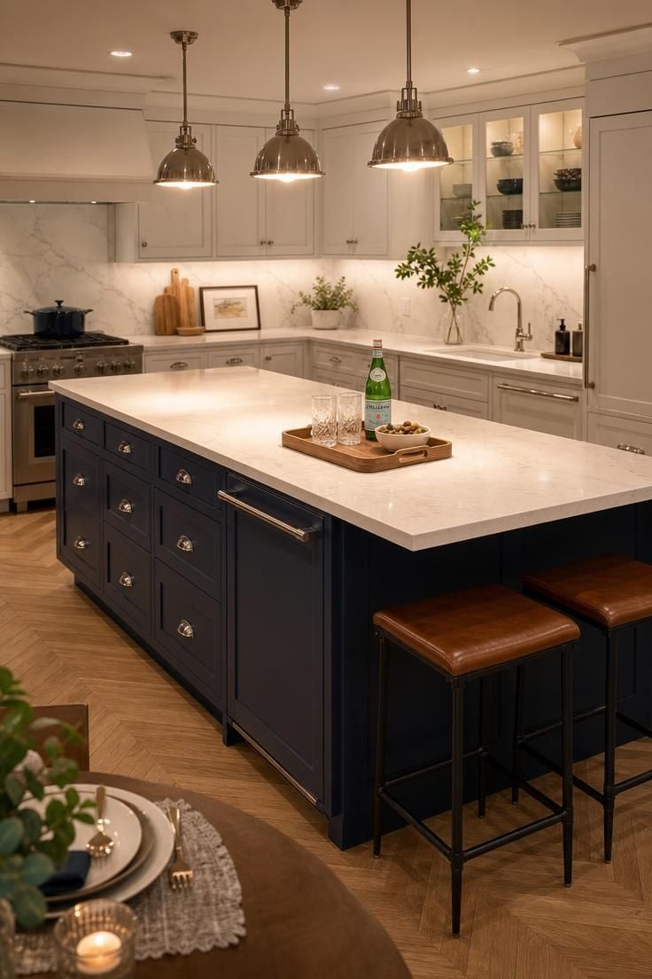 A two-toned kitchen island with navy base and white quartz countertop in an L-shaped kitchen, bathed in warm golden pendant light.
