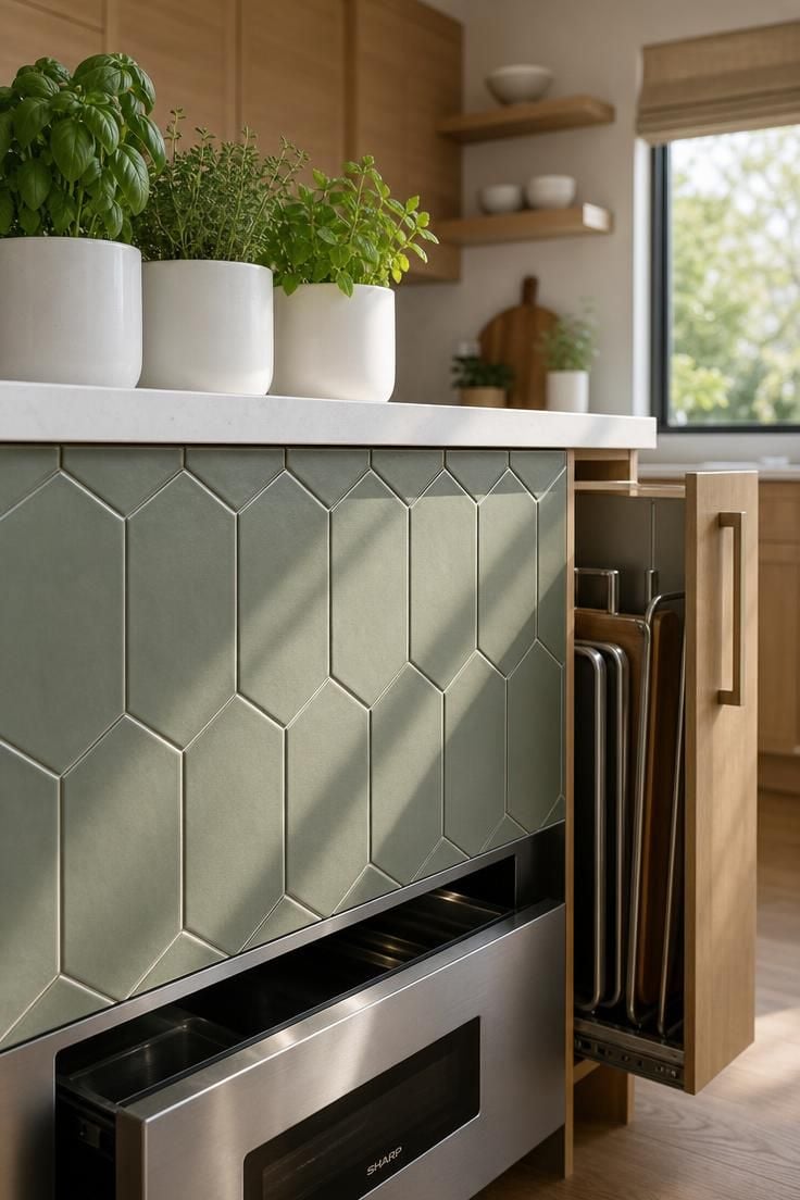 A kitchen island with elongated hexagonal tiles in matte sage on the front face and integrated microwave drawer, under bright midday light.