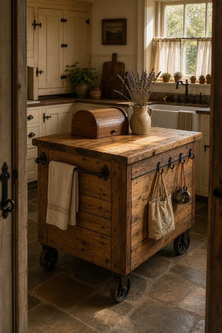 A reclaimed pine kitchen island on iron caster wheels in a cottage kitchen, lit by moody low afternoon light filtering through cafe curtains.