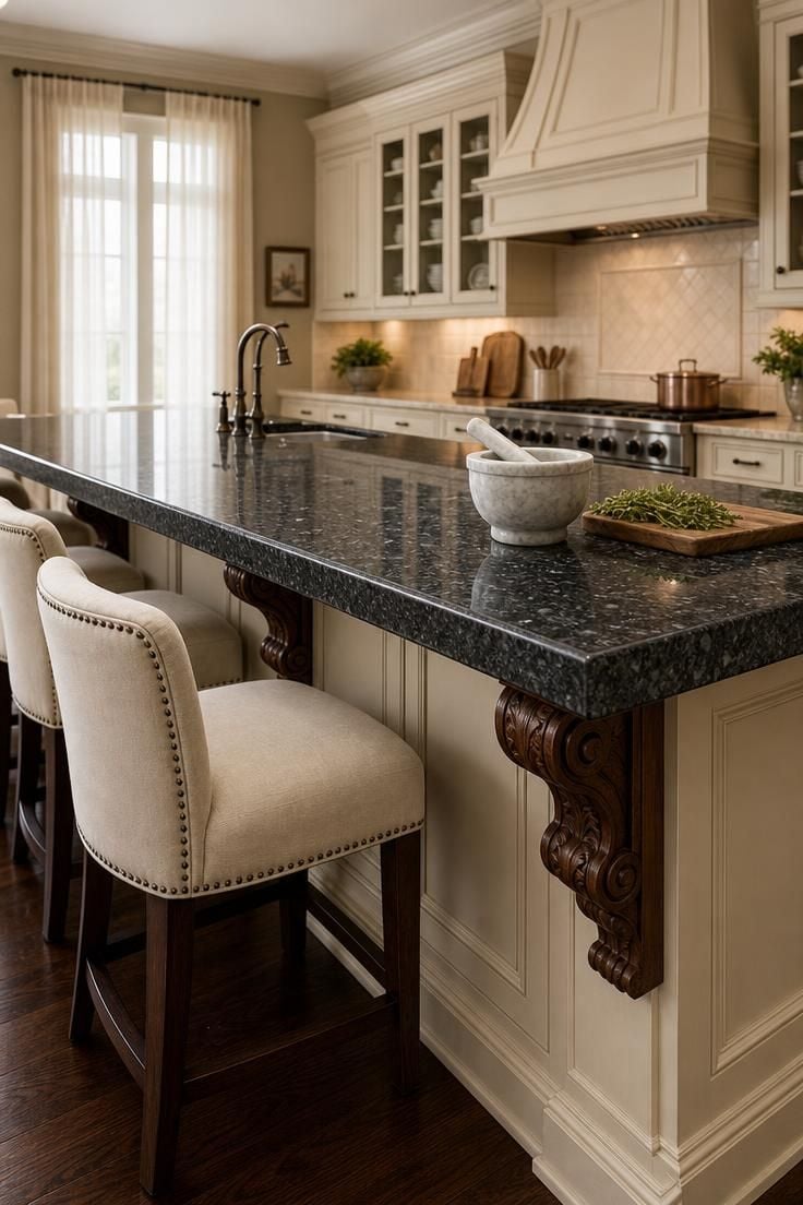 A thick polished granite slab island with carved cherry wood corbel supports in a traditional kitchen, under soft diffused light.