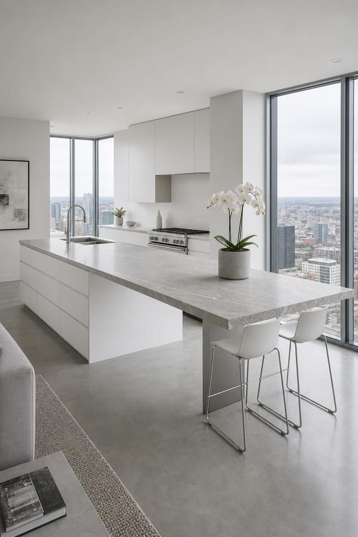 A cantilevered porcelain slab island with hidden leg in a modern open kitchen, under cool overcast light from floor-to-ceiling windows.