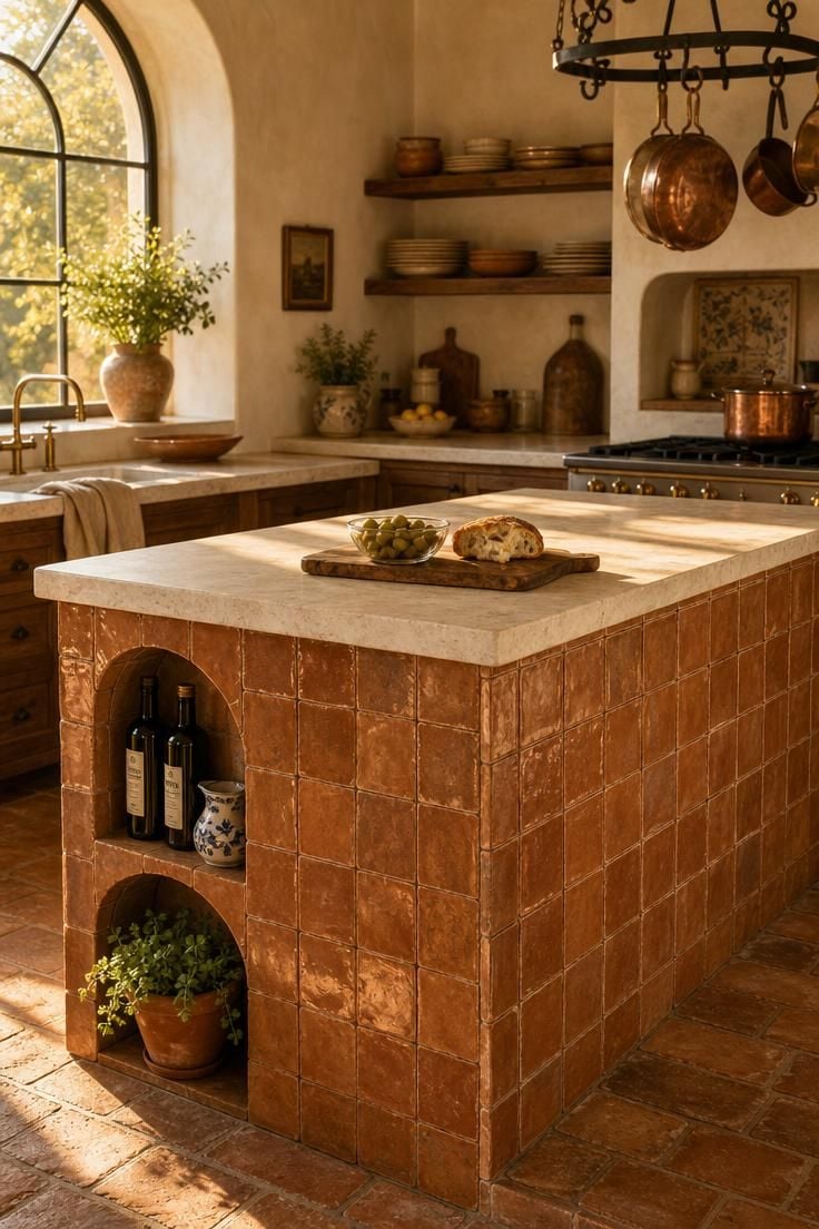 A terracotta-tiled kitchen island base with honed limestone countertop in a Mediterranean kitchen, under warm golden light from an arched window.