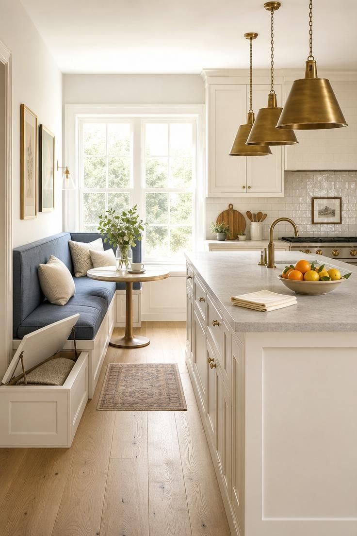 A kitchen island with built-in banquette seating and storage bench in slate blue linen, lit by bright midday light with a trio of brass pendant lights above.