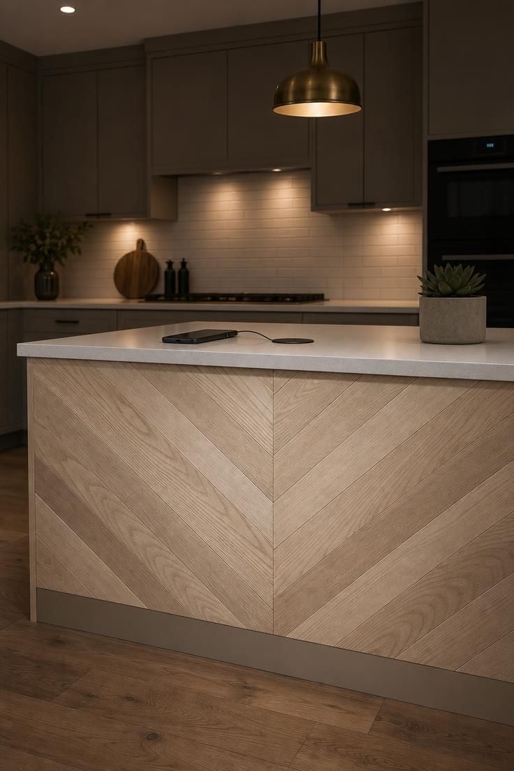 A chevron-patterned ash kitchen island with an integrated pop-up charging station, under moody low light from recessed downlights and a dark brass pendant.