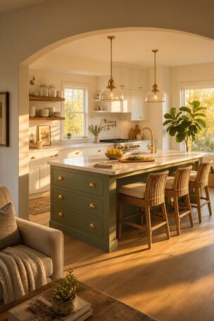 A bright kitchen with a sage green center island topped in white quartz, brass pendants above, and three rattan stools, bathed in warm golden hour light through an archway.