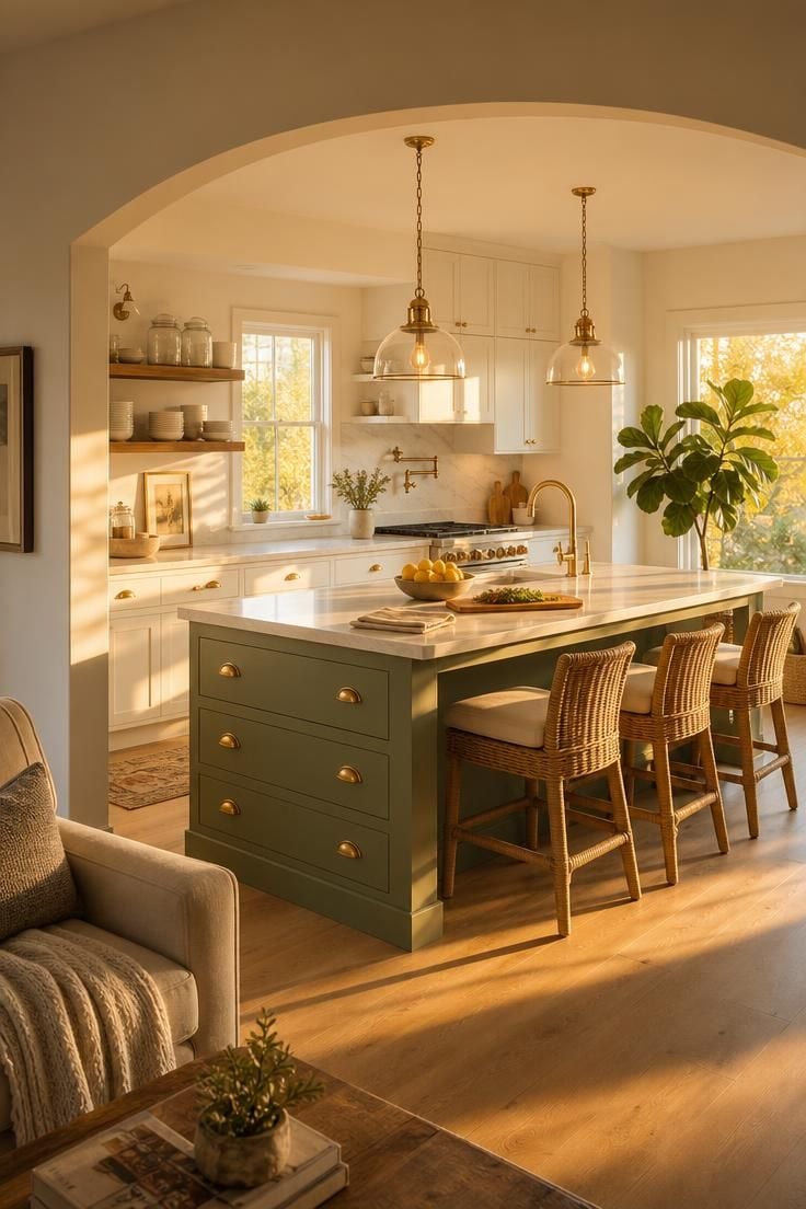 A bright kitchen with a sage green center island topped in white quartz, brass pendants above, and three rattan stools, bathed in warm golden hour light through an archway.