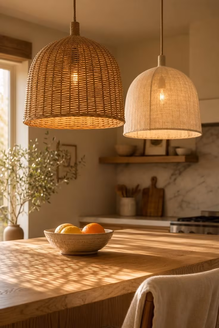 Two woven pendant shades in rattan and pale linen hang over a wood kitchen island with a ceramic bowl of citrus below.