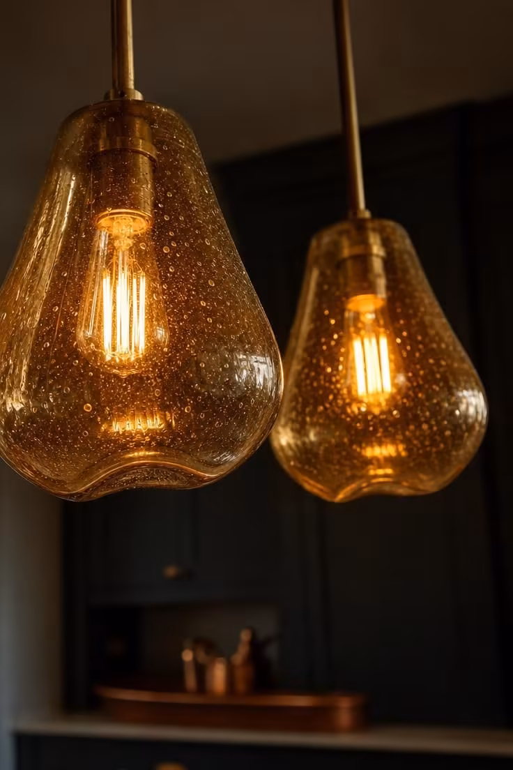 Two amber seeded-glass pendants with brass fittings glow warmly from below over a dark kitchen island.