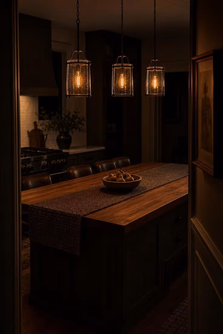 Three hand-blown clear glass lantern pendants glow above a walnut butcher-block island with seating.