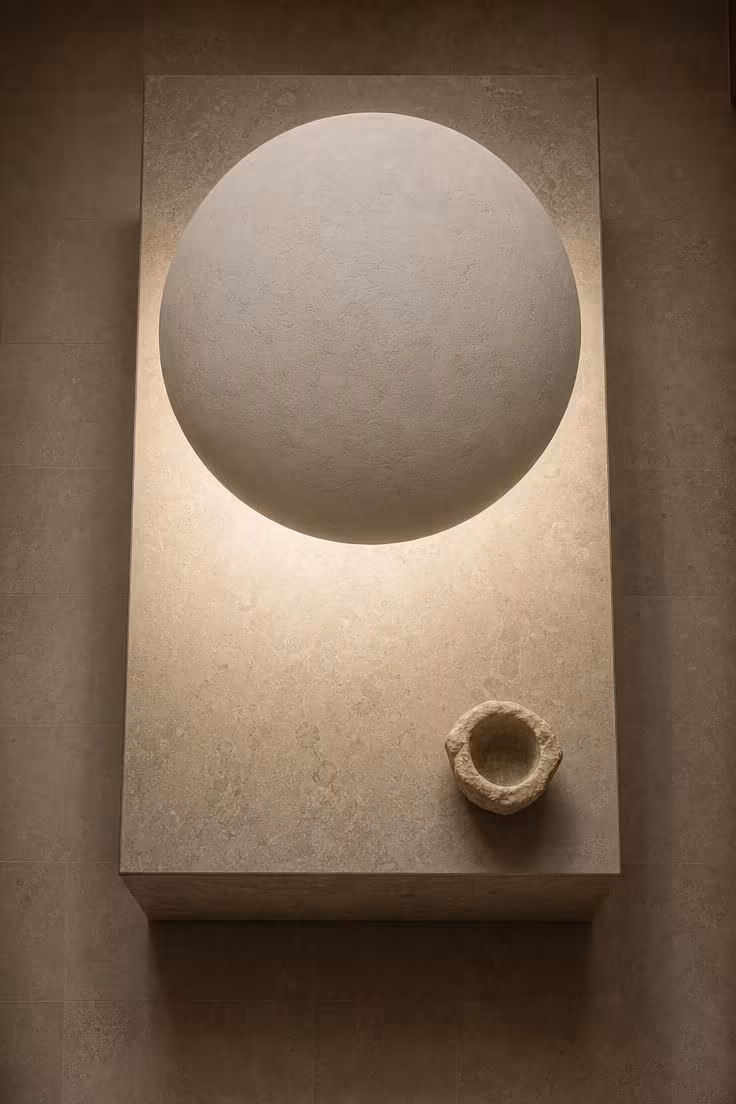 An oversized white plaster dome pendant hangs centered above a rectangular stone island, seen from directly overhead.