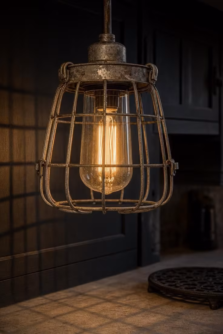 A wire-cage pendant in aged galvanized steel glows with a warm bulb above a dark kitchen island.