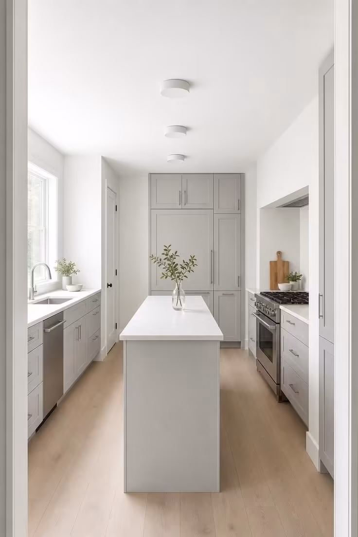 Three matte white flush domes align in a row over a slim island in a narrow galley kitchen.