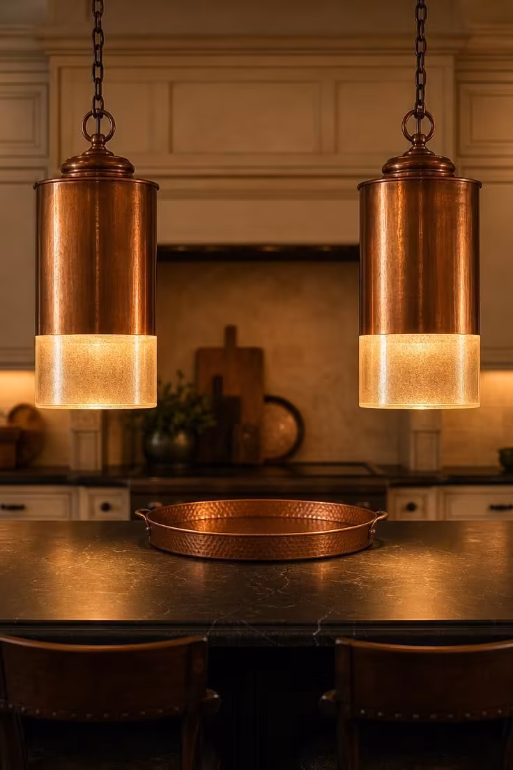 Two polished copper canister pendants with frosted glass bottoms glow warm light over a dark stone island.