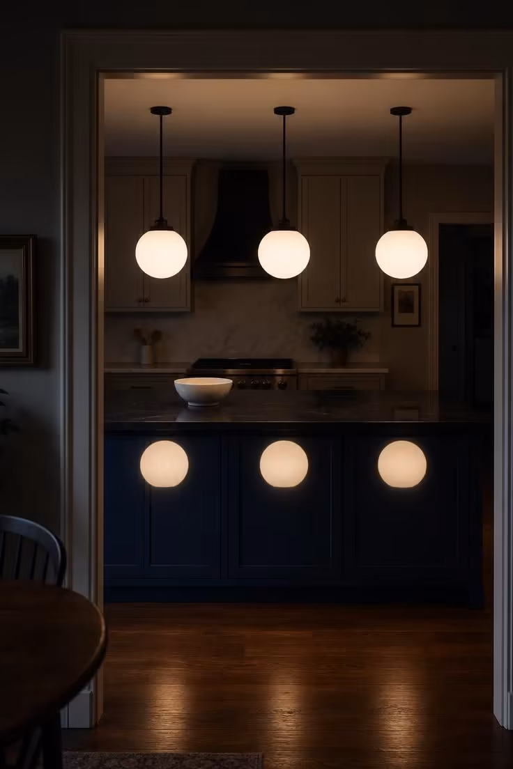 Three cased-white glass globes glow in a line over a midnight blue kitchen island with dark wood floor.