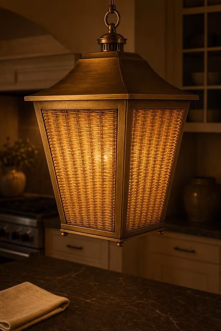 A brushed-antique brass lantern with wicker diffuser panels glows warmly over a dark kitchen island.