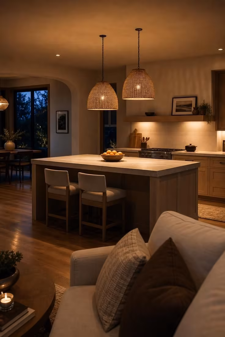 Simple Spaces 19 Two warm woven rattan pendants glow above a white oak kitchen island with a bowl of oranges and upholstered stools.