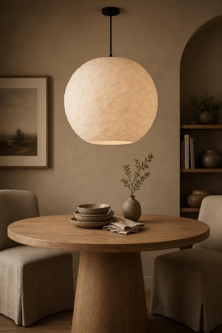 11 Cozy Kitchen Lighting Ideas Over the Table for Warmth 1 Oversized sculptural plaster globe pendant hanging over a round oak table with linen chairs.