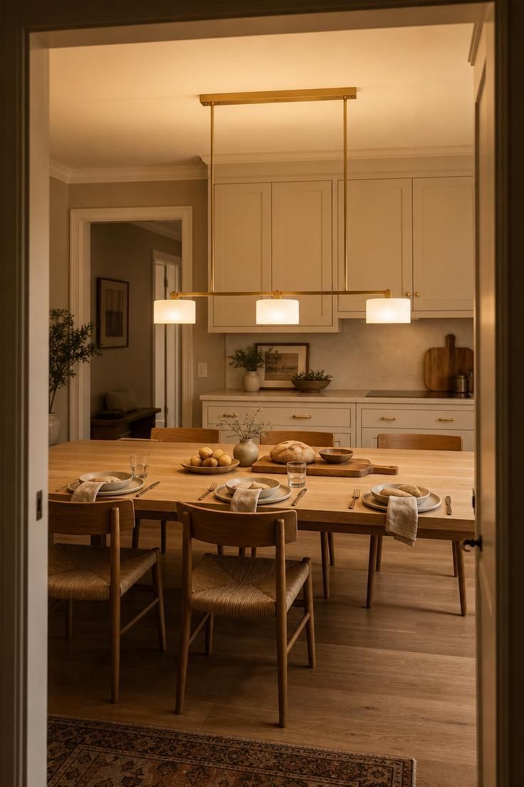 11 Cozy Kitchen Lighting Ideas Over the Table for Warmth 2 Brushed brass linear pendant with three frosted glass shades hanging over a rectangular oak table.