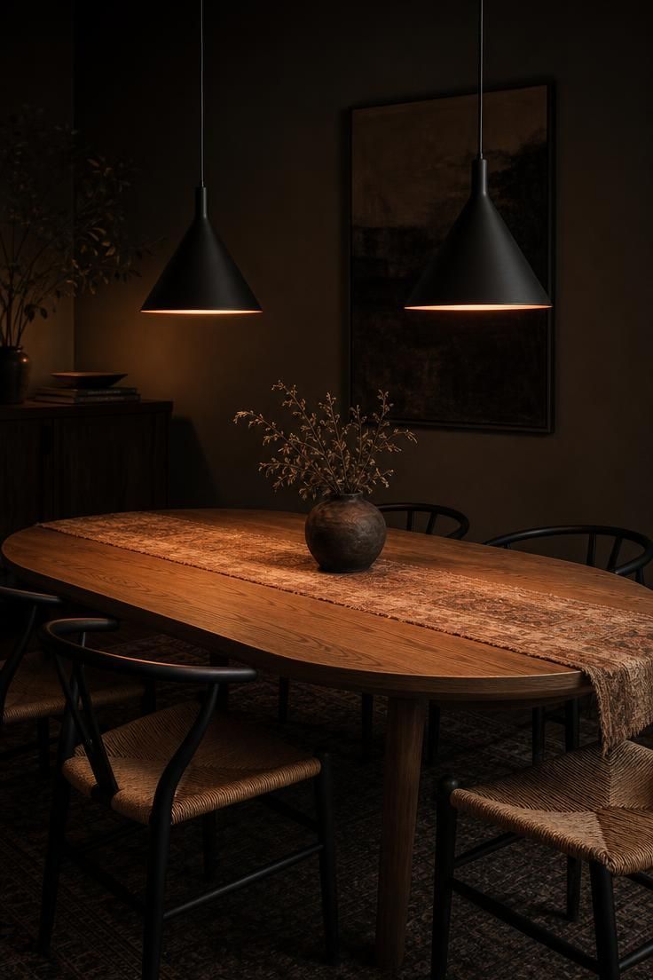 11 Cozy Kitchen Lighting Ideas Over the Table for Warmth 3 Two matte black cone pendants with copper interiors glowing above an oval table.