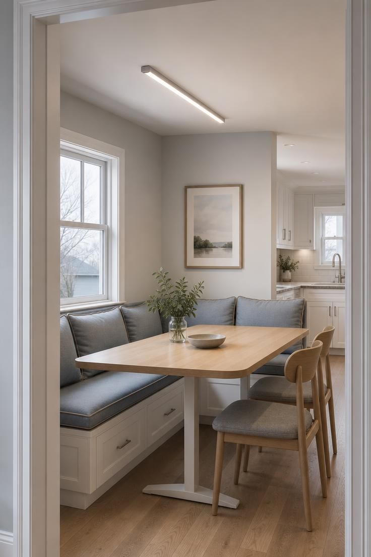 11 Cozy Kitchen Lighting Ideas Over the Table for Warmth 5 Slim matte silver LED bar light above a gray-blue banquette nook table.
