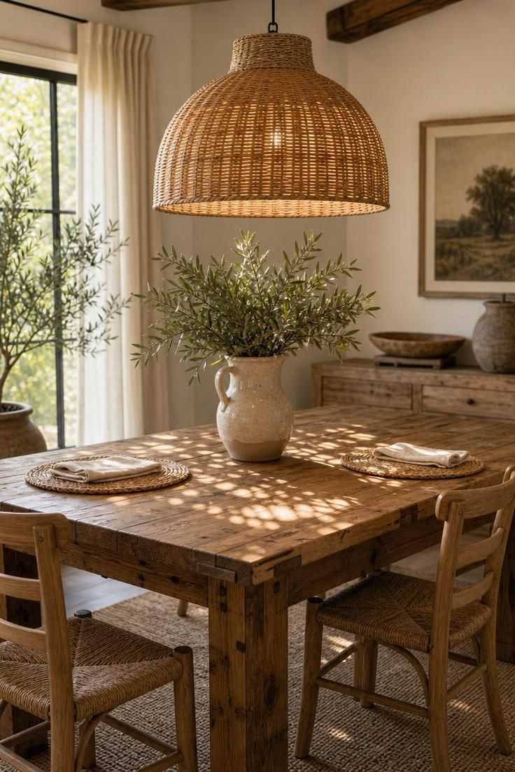 11 Cozy Kitchen Lighting Ideas Over the Table for Warmth 6 Woven rattan dome pendant casting dappled light over a pine farmhouse table.