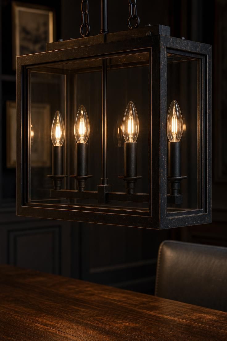 11 Cozy Kitchen Lighting Ideas Over the Table for Warmth 7 Black iron lantern pendant with clear glass and warm candelabra bulbs over dark wood table.