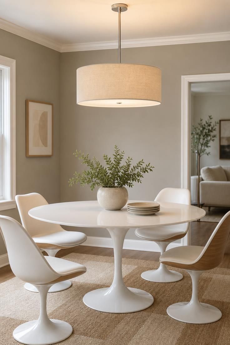 11 Cozy Kitchen Lighting Ideas Over the Table for Warmth 8 Warm linen drum pendant with a soft diffuser hanging over a round white tulip table.