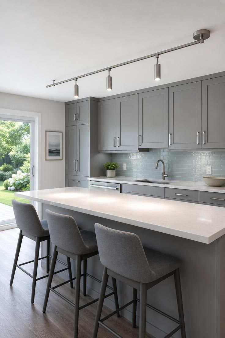 11 Cozy Kitchen Lighting Ideas Over the Table for Warmth 9 Brushed nickel monorail with three directional spotheads over a kitchen island eating overhang.