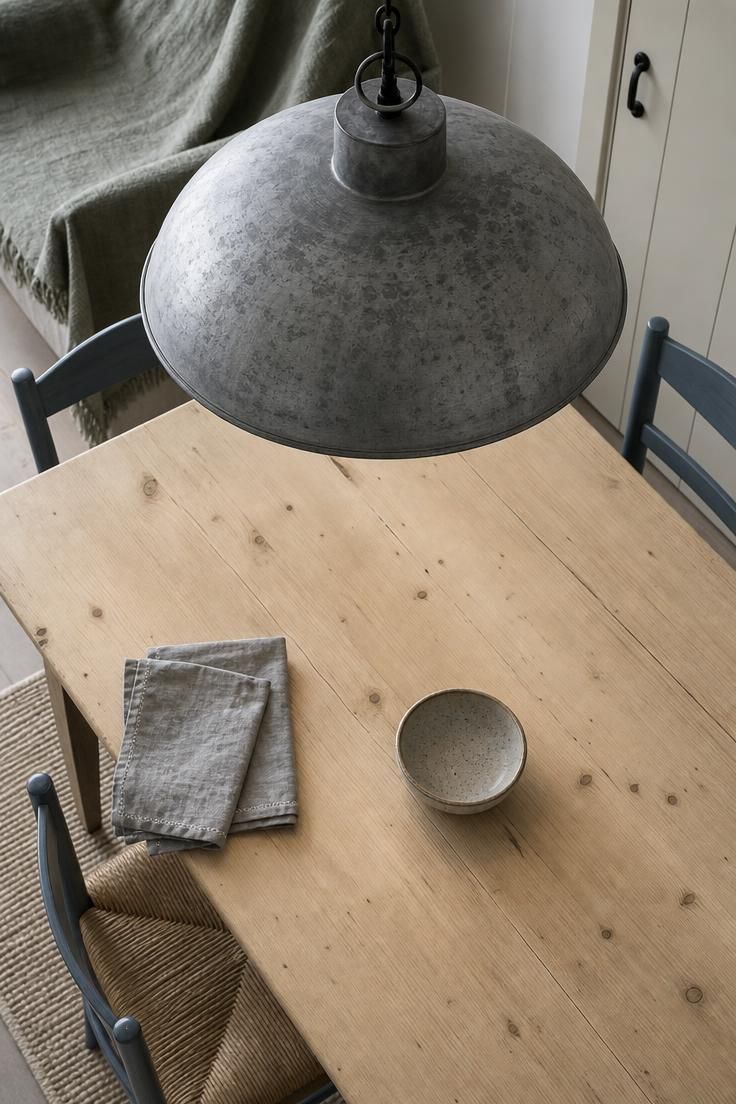 11 Cozy Kitchen Lighting Ideas Over the Table for Warmth 10 Aged zinc dome pendant with frosted lens casting even light over a pale pine table.