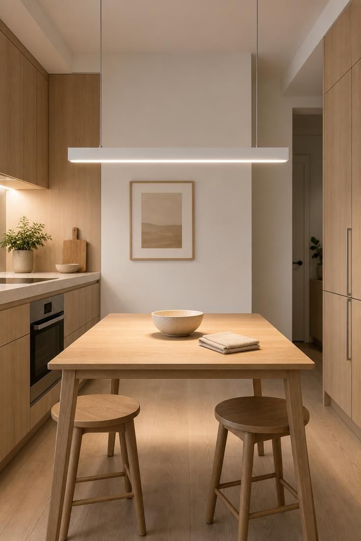 11 Cozy Kitchen Lighting Ideas Over the Table for Warmth 11 Slim linear suspension light kitchen fixture glowing over a narrow table.