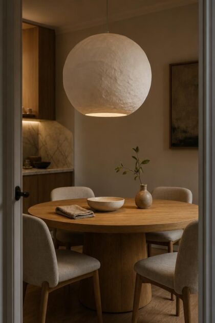 11 Cozy Kitchen Lighting Ideas Over the Table for Warmth Sculptural plaster globe pendant glowing warmly over a round oak kitchen table with linen chairs.