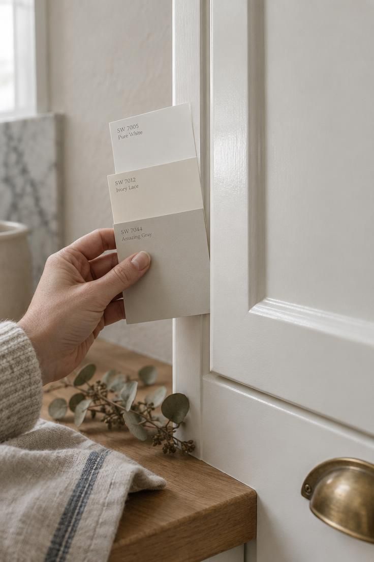 A hand holds three paint sample cards against the edge of a white cabinet door, with a brass pull and dried eucalyptus nearby in soft daylight.