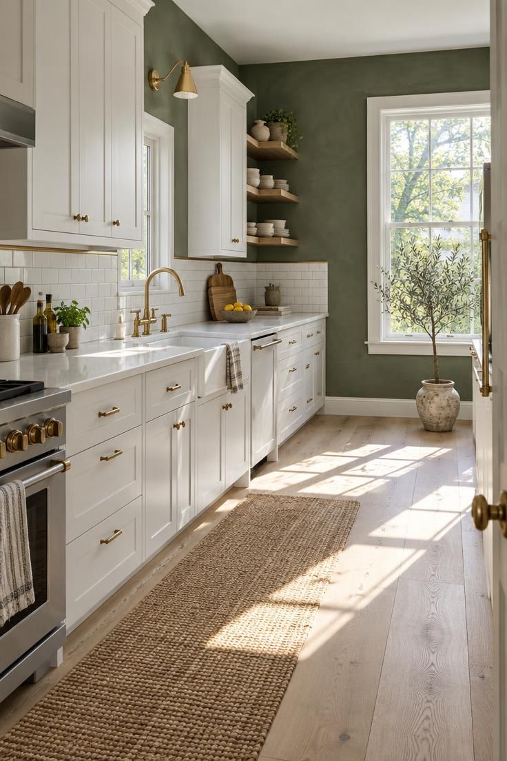 A full kitchen seen from its entry, with sage green walls, white shaker cabinets, white quartz counters, subway tile, and oak floors in bright midday light.