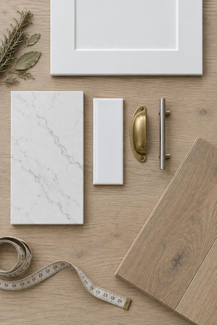 An overhead flat-lay of quartz, subway tile, a cabinet door sample, oak flooring, and two hardware pulls arranged on a pale oak table in even overcast light.