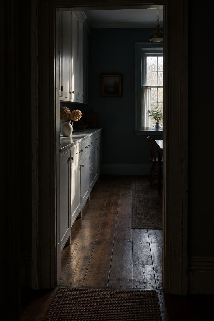 A kitchen seen through a hallway doorway, with its dusty blue wall in shadow and white cabinetry catching window light at the far end.