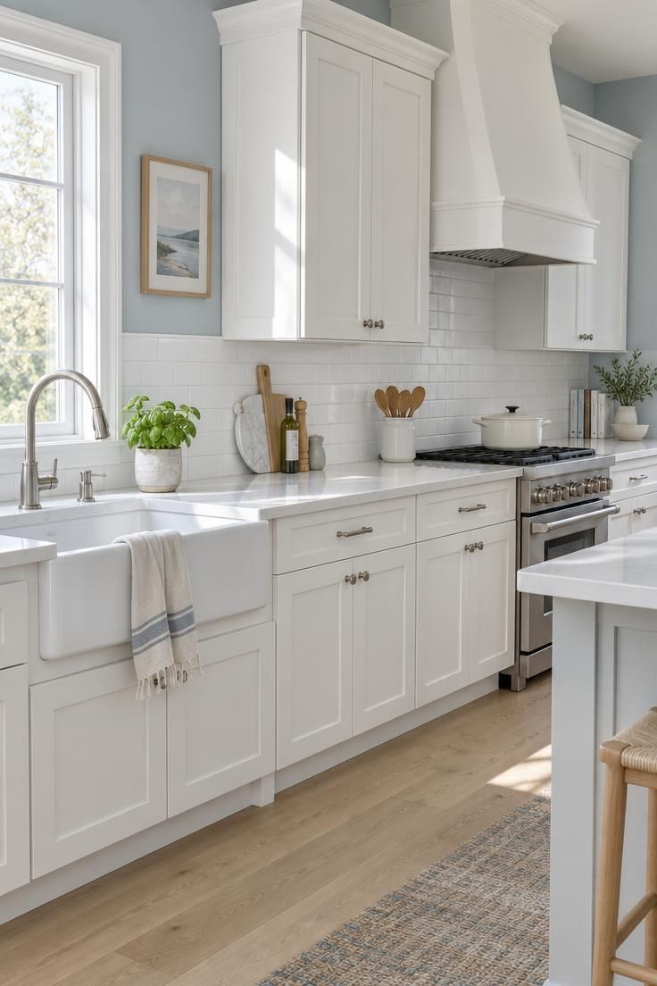 Simple Spaces 14 A bright kitchen with white shaker cabinets, pale blue-gray walls, white quartz countertops, and light wood floors in natural daylight.