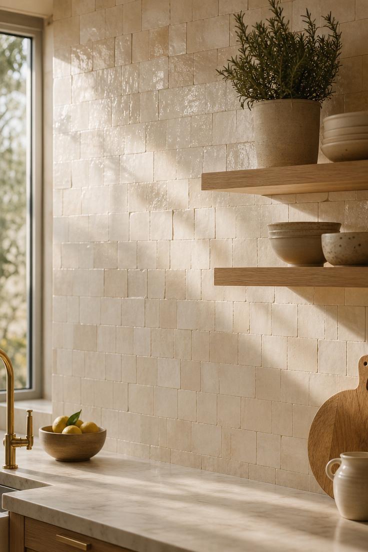 Floor-to-ceiling zellige tile in warm ivory on a kitchen wall with oak open shelving and afternoon light