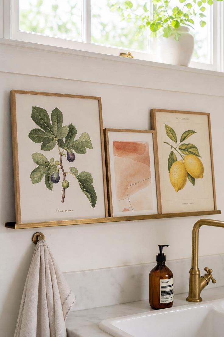 Brass picture ledge above a kitchen sink holding three rotating art prints in natural wood frames
