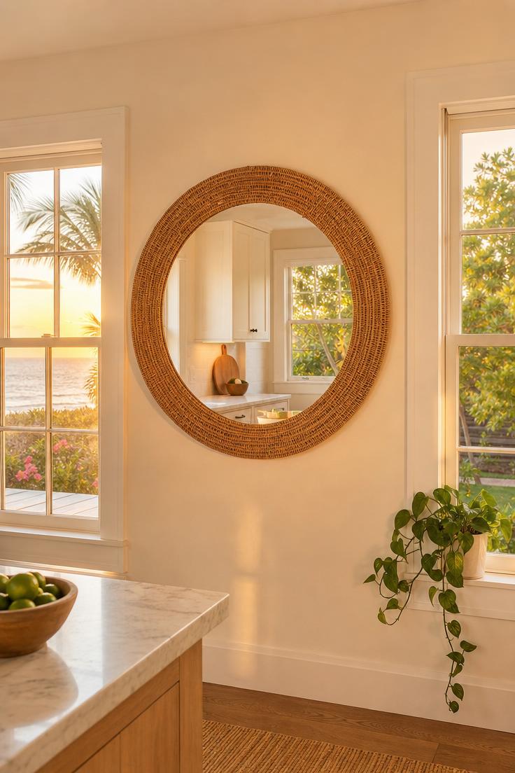 Large round rattan mirror on a kitchen wall between two windows reflecting garden greenery in golden light