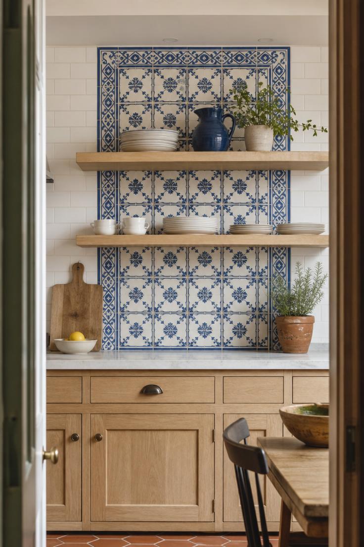 Blue-and-white Portuguese cement tile focal panel behind open kitchen shelving with diffused light
