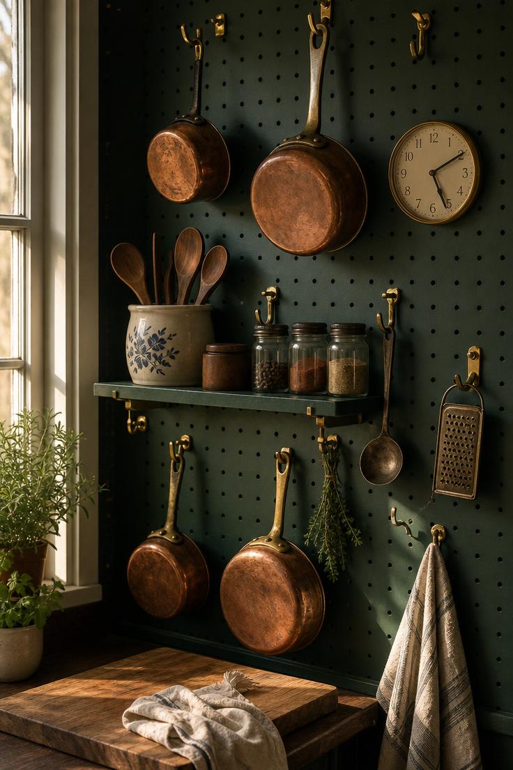 Forest green painted pegboard kitchen wall with brass hooks holding copper pots and wooden utensils in moody light
