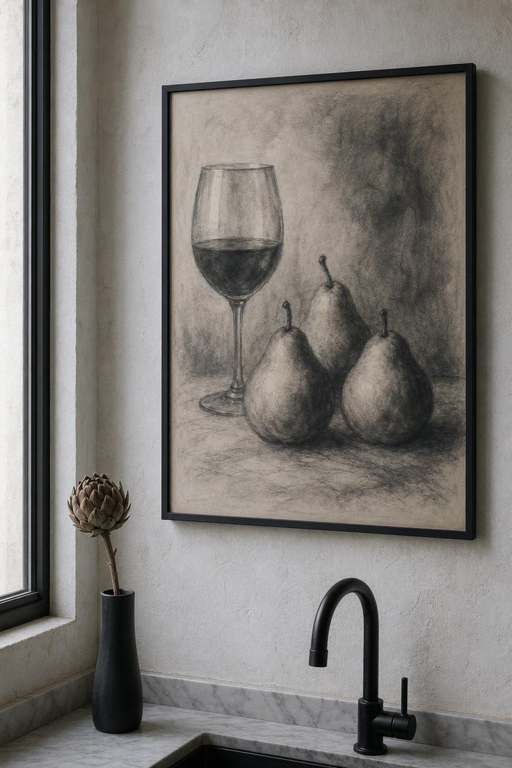 Large charcoal still life drawing of pears in a black frame on a pale plaster kitchen wall with cool light
