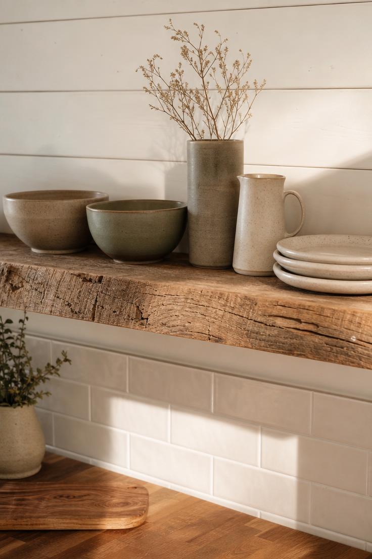 Reclaimed barn wood shelf on a white shiplap wall holding handmade stoneware bowls and vases in afternoon light