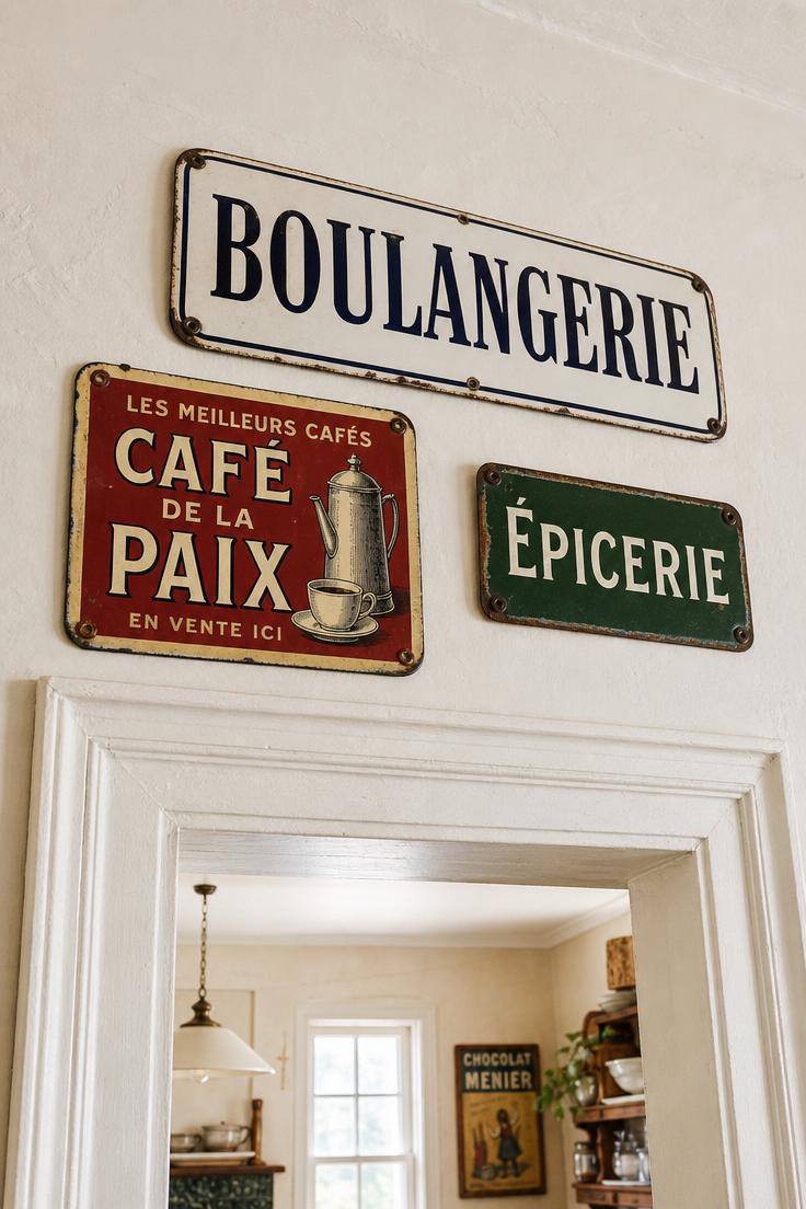 Three vintage French enamel advertising signs clustered above a white kitchen doorframe in bright midday light