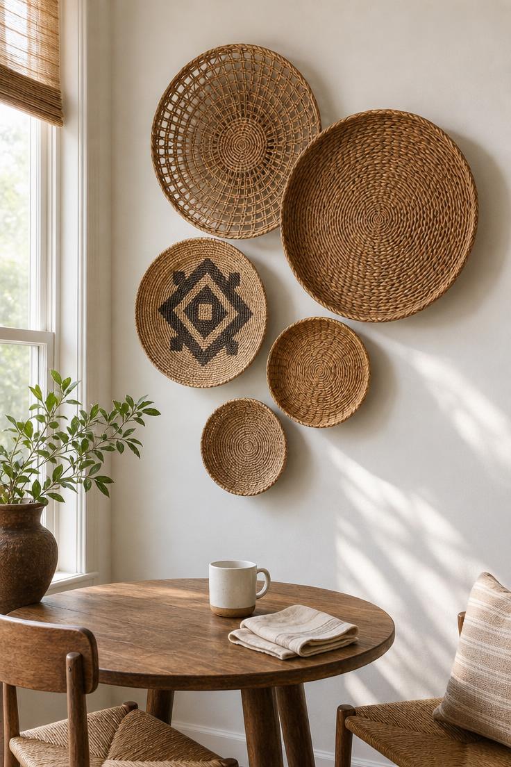 Five woven seagrass baskets in varying sizes arranged asymmetrically on a white kitchen wall near a breakfast table