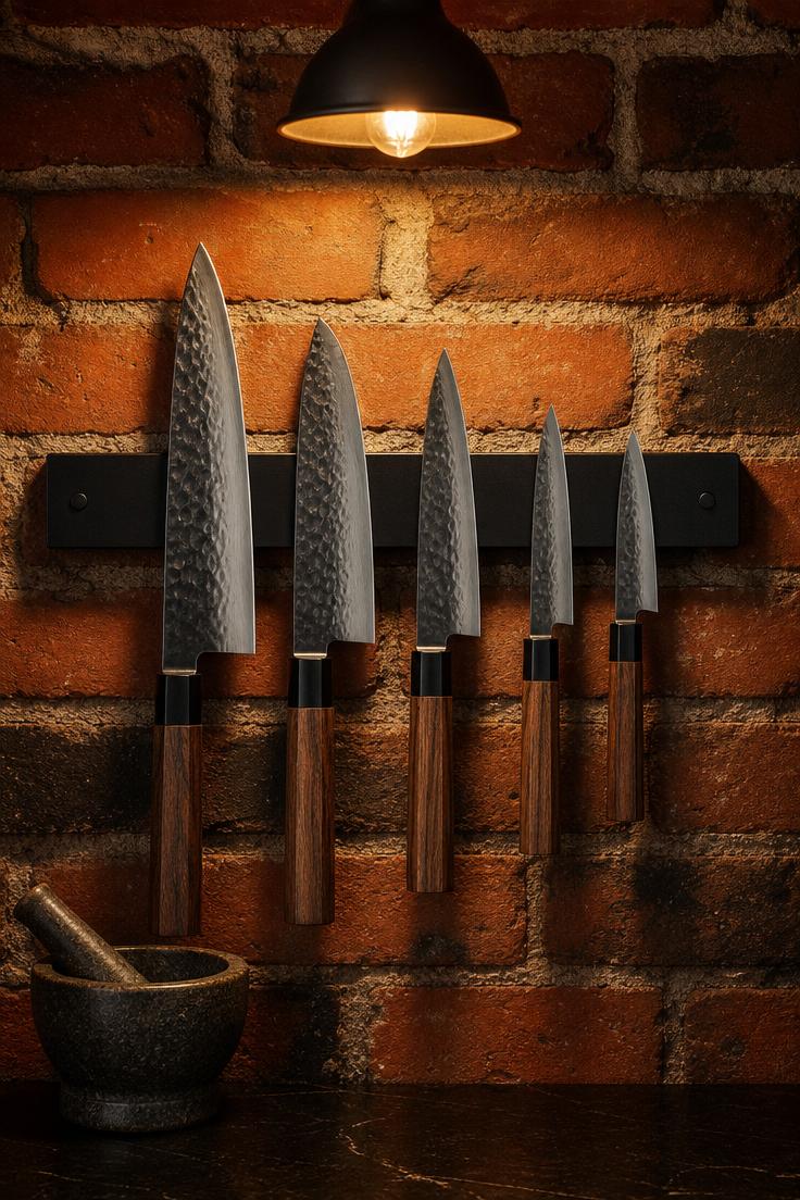 Black magnetic knife strip holding Japanese knives on an exposed red brick kitchen wall in warm amber light