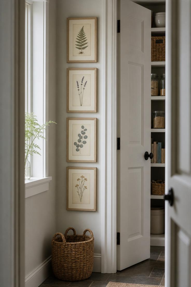 Four pressed botanical frames in a vertical column on a narrow wall beside a white pantry door in cool diffused light