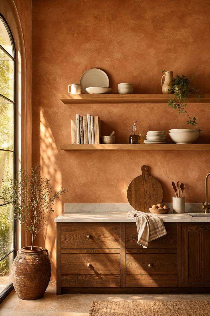 Warm terracotta limewash accent wall with white oak floating shelves holding white ceramics in golden hour light
